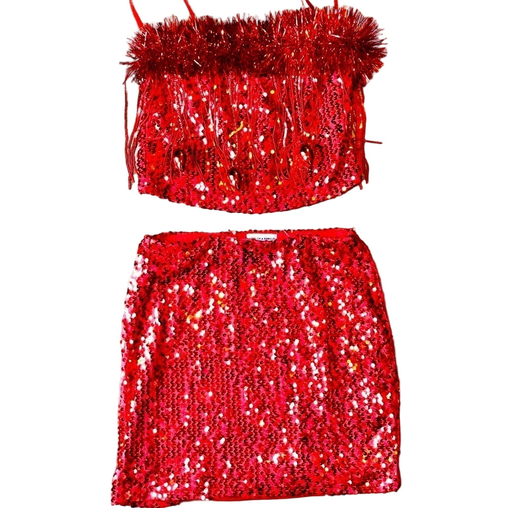 Love on a Hanger red sequin garland strapless crop & mini skirt